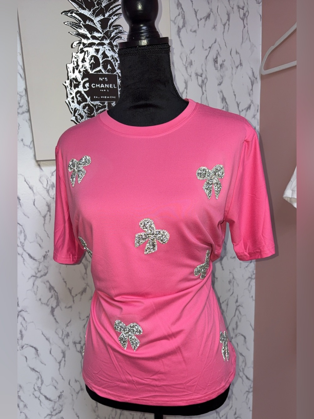 Pink Short Sleeve Tee with Crystal Bow Appliqués